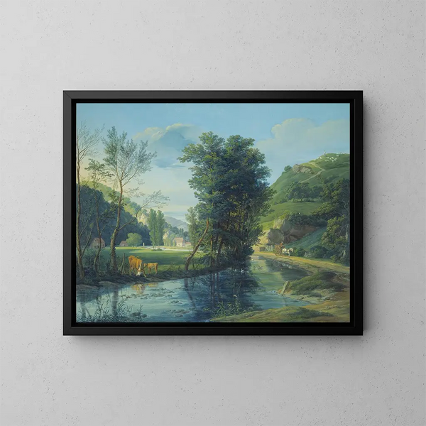 In una valle dove un ruscello attraversa diverse case sparse, un calesse con un cavallo bianco a sinistra, una mucca con un vitello. - Anton Radl — quadro incorniciato alla parete