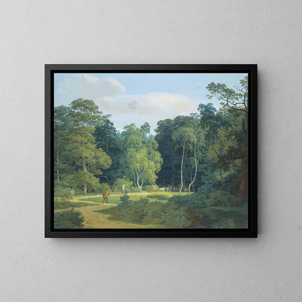 Sentiero nel bosco tra betulle e faggi con diversi escursionisti e una carriola contadina trainata da due cavalli bianchi - Anton Radl — quadro incorniciato alla parete
