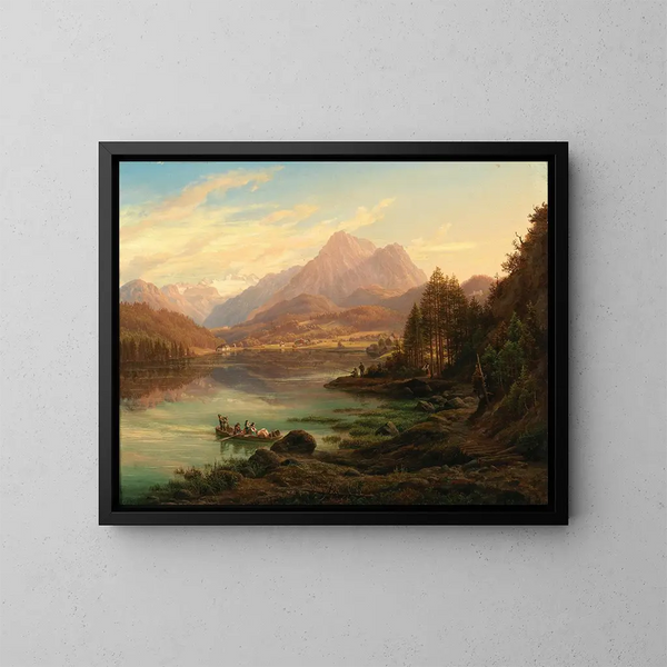 Vista del lago Altausseer verso il Karlseisfeld al Dachstein, l'alto Seirrstein e le rovine di Pfluigsberg e della casa del barone Zedlitz sul bordo del lago - Anton Schiffer — quadro incorniciato alla parete
