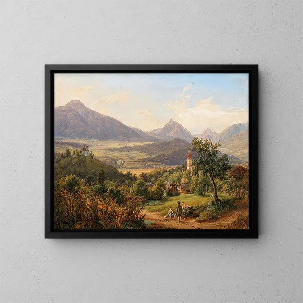 Village d'Arzl et le Calvaire d'Innsbruck avec vue sur le château d'Anna, les eaux sacrées de la Waldraster Spitze et le petit Stubayer Ferner - Anton Schiffer — quadro incorniciato alla parete