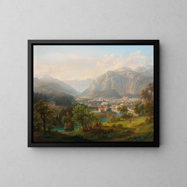 Vista dal nuovo Schmolnau verso il Kreuzstein sulla Traun in direzione di Lauffen e del Dachstein, Ischl, Alta Austria - Anton Schiffer — quadro incorniciato alla parete