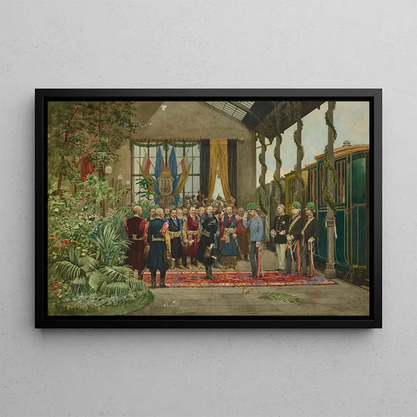 L'Imperatore accolto alla stazione di Lviv della serie Viaggio di ispezione dell'Imperatore Francesco Giuseppe I in Galizia a settembre 1880 - Antoni Kozakiewicz — quadro incorniciato alla parete