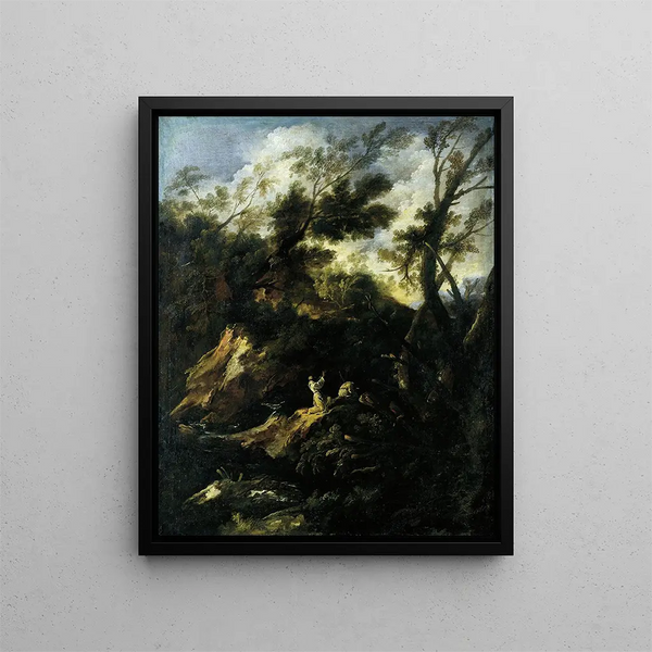 Paesaggio con due monaci in preghiera - Antonio Francesco Peruzzini — quadro incorniciato alla parete
