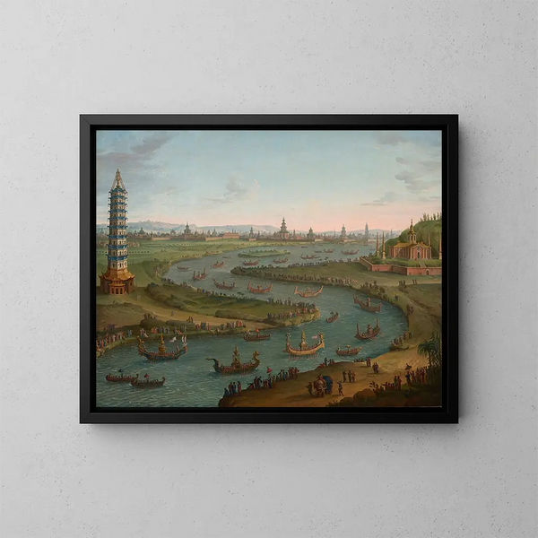 Un caprice con l'ambasciatore di Francia che si avvicina al palazzo del re di Siam in una barca di stato nell'ottobre 1685 - Antonio Joli — quadro incorniciato alla parete