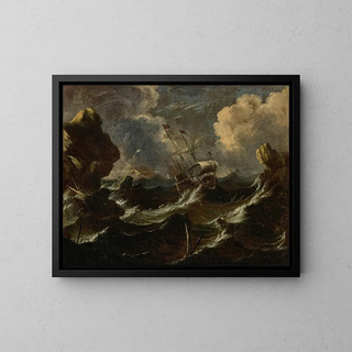 Antonio Marini - Frigates in a storm off a rocky coast.webp