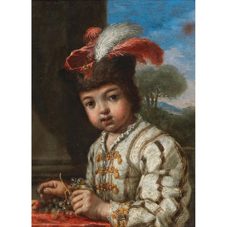 Antonio Mercurio Amorosi - A Boy HalfLength Holding Grapes A Landscape Beyond.webp