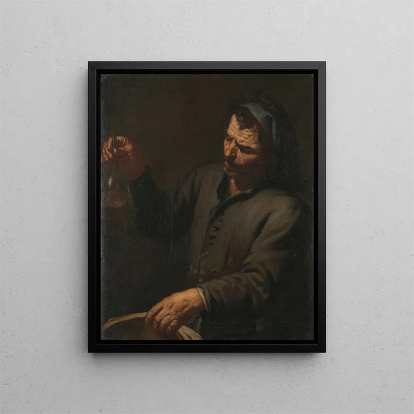 Uomo con una bottiglia di urina in mano - Antonio Zanchi — quadro incorniciato alla parete