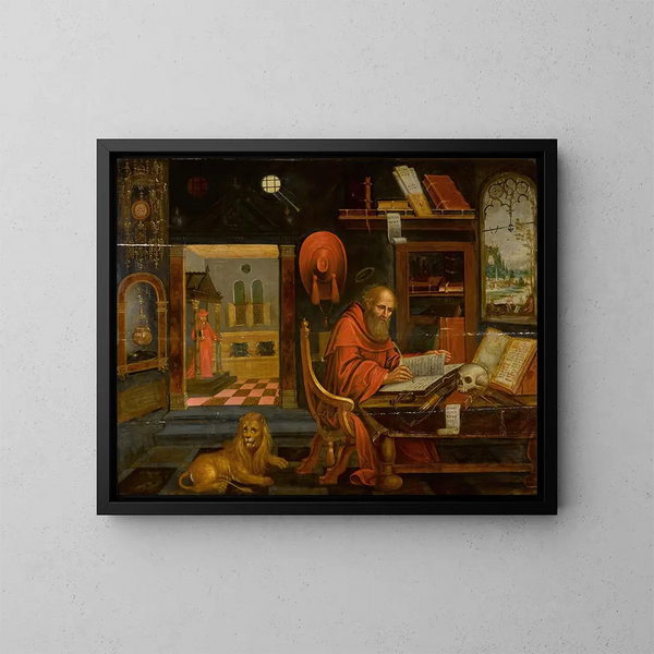San Girolamo nel suo studio con il leone - Scuola di Anversa — quadro incorniciato alla parete