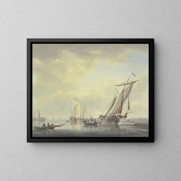 sulla spiaggia, delle chiatte e una barca con molte persone, tra cui alcuni militari, si dirigono verso la terra. - Arie Lamme — quadro incorniciato alla parete