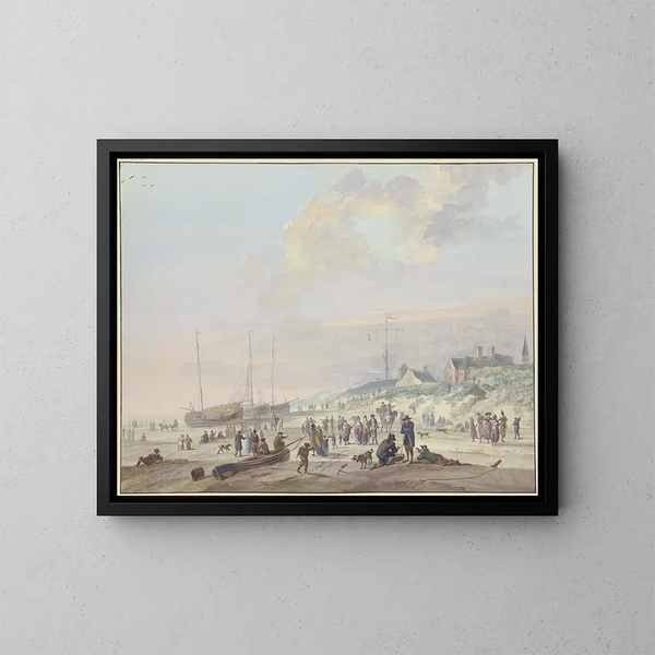 Spiaggia con tre barche da pesca tirate sulla riva, molte persone si divertono, a destra un villaggio sul Dniestr - Arie Lamme — quadro incorniciato alla parete