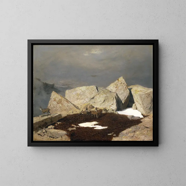 Paesaggio di alta montagna con stambecco - Arnold Böcklin — quadro incorniciato alla parete
