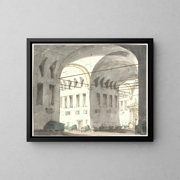 Interno con scrivania e letti - Aron Wallick — quadro incorniciato alla parete