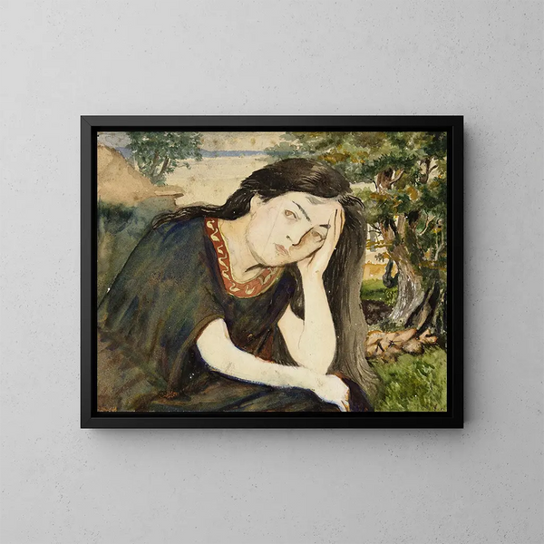 Donna seduta con capelli lunghi, la testa appoggiata sulla mano sinistra - Arthur Joseph Gueniot — quadro incorniciato alla parete