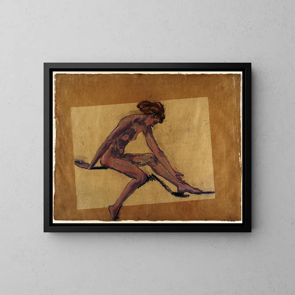 Nu femminile seduto di profilo che si piega in avanti - Arthur Bowen Davies — quadro incorniciato alla parete