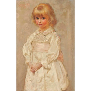 Arthur Dampier May - Portrait Of A Young Girl In A Pink And White Smock Dress.webp