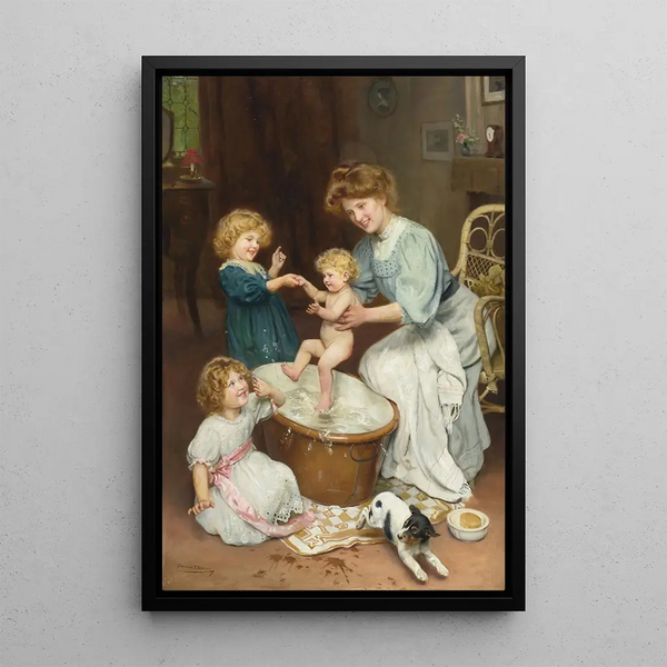 L'ora del bagnetto del bambino - Arthur John Elsley — quadro incorniciato alla parete