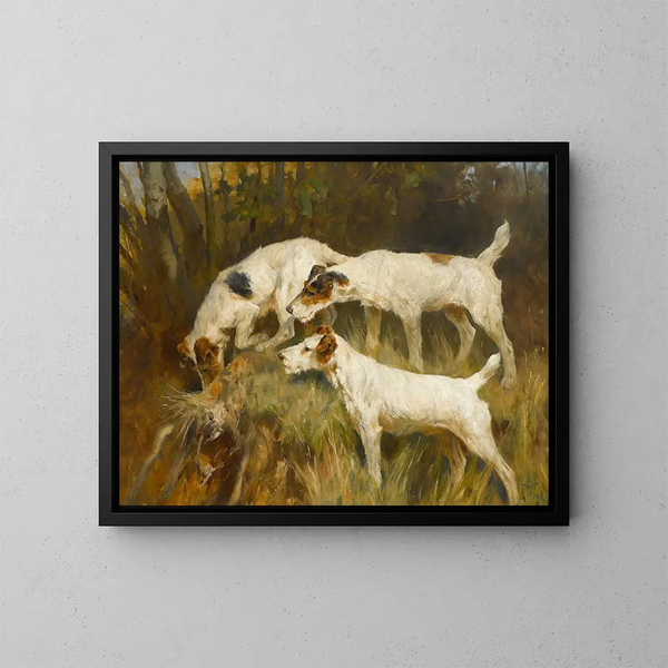 Tre terrier dello Yorkshire che lavorano in una buca - Arthur Wardle — quadro incorniciato alla parete
