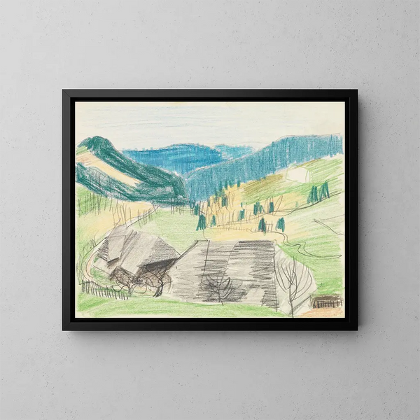 Paesaggio estivo con due case della Foresta Nera in primo piano - August Babberger — quadro incorniciato alla parete