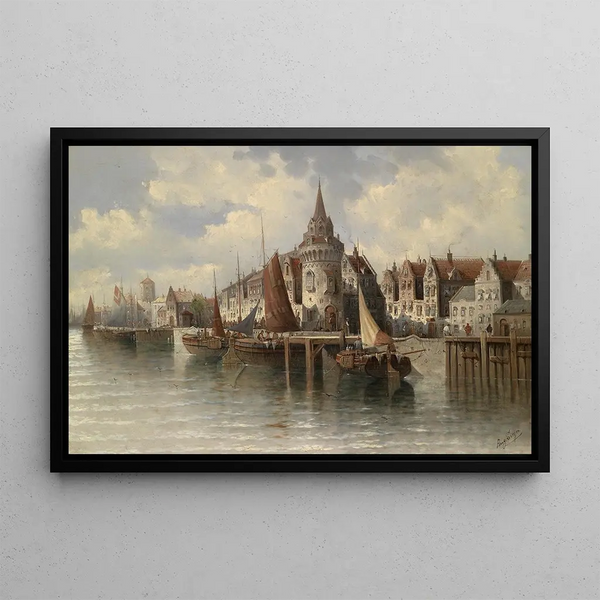 Vista su una città portuale - August von Siegen — quadro incorniciato alla parete