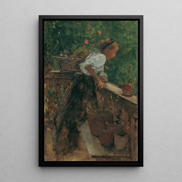 Giovane contadina al balcone - August von Pettenkofen — quadro incorniciato alla parete