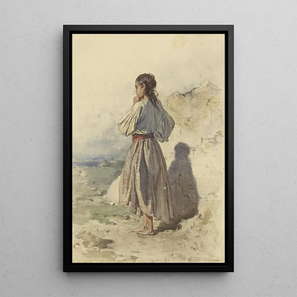 Donna ungherese in piedi, tre quarti verso sinistra, vista da dietro - August von Pettenkofen — quadro incorniciato alla parete