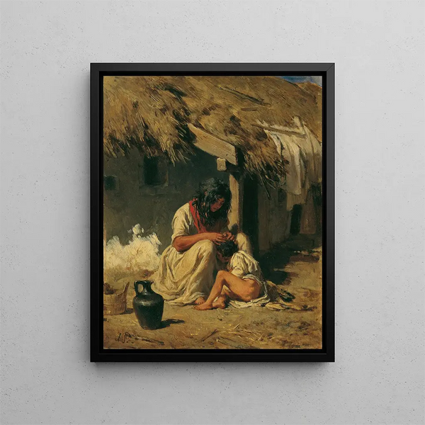 Idillio di un villaggio ungherese - August von Pettenkofen — quadro incorniciato alla parete
