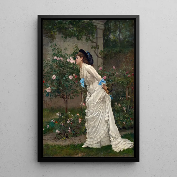 Donna e rose - Auguste Toulmouche — quadro incorniciato alla parete