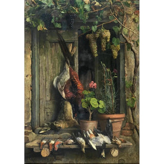 Aurelio Zingoni - Still Life with Birds a Hare Carnations and Geraniums in a Pot under a Vine.webp