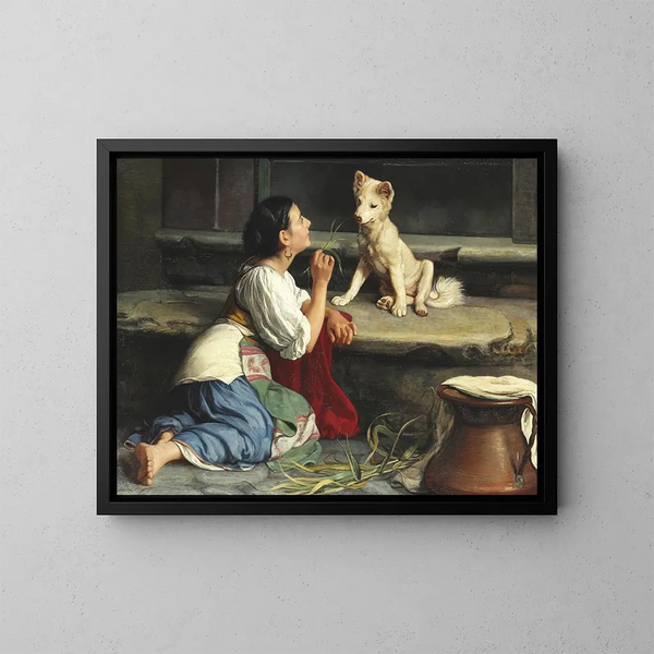 Una italiana che gioca con un cane - Axel Helsted — quadro incorniciato alla parete
