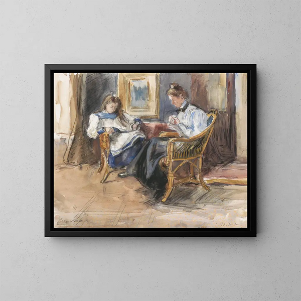 Donna al lavoro e ragazza che legge su sedie di vimini nella casa di Riouwstraat 6 a L'Aia - Barbara Elisabeth van Houten — quadro incorniciato alla parete