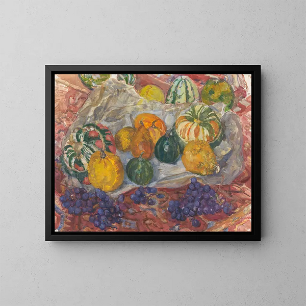 Nature morte di zucche e uva su un tappeto - Barbara Elisabeth van Houten — quadro incorniciato alla parete