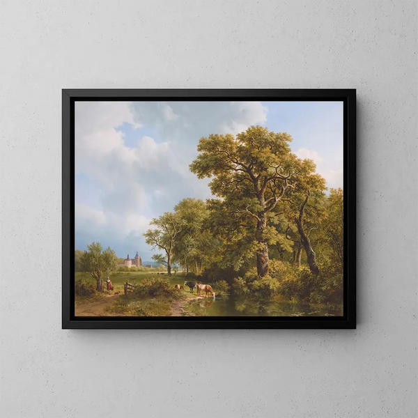 Un paesaggio estivo con mucche che abbeverano un castello in lontananza - Barend Cornelis Koekkoek — quadro incorniciato alla parete