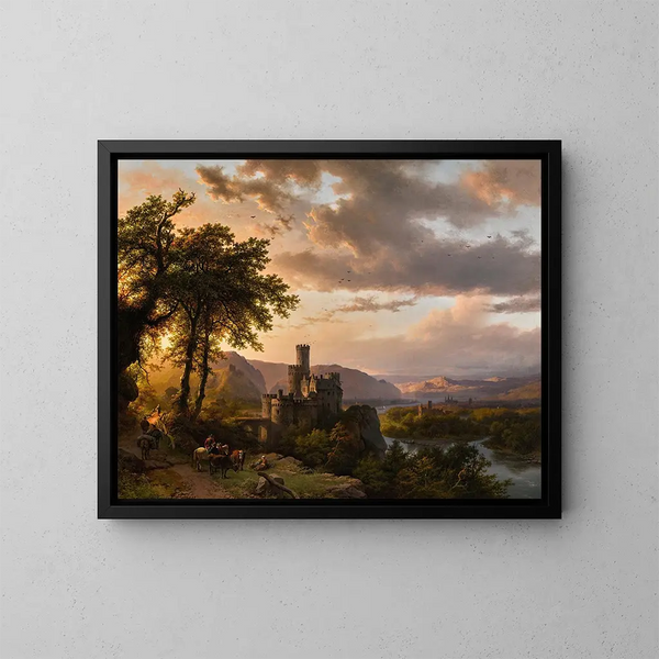 Un paesaggio ondulato con un castello e viaggiatori su un sentiero - Barend Cornelis Koekkoek — quadro incorniciato alla parete