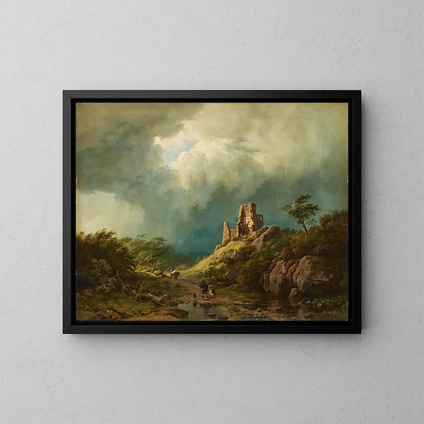 Viaggiatori che passano davanti a un castello in rovina in un paesaggio tempestoso - Barend Cornelis Koekkoek — quadro incorniciato alla parete