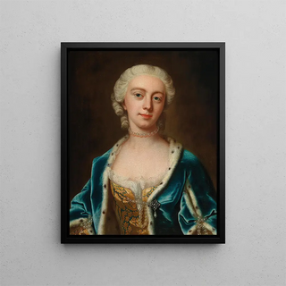 Barthlmy du Pan - Portrait Of Augusta Princess Of Wales Wearing Pearls And An Ermine Lined Blue Cloak.webp