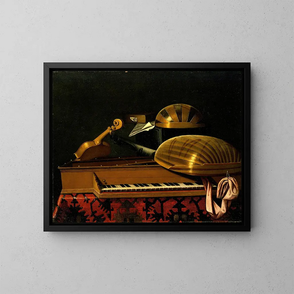 Natura morta con strumenti musicali e libri - Bartolomeo Bettera — quadro incorniciato alla parete