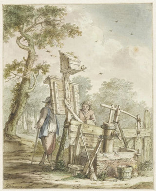 Bartholomeus Barbiers - Landschap met twee mannen bij een aanplakbord bij een waterpomp Bartholomeus Barbiers after c 1750 1808.webp