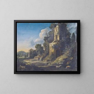 Bartholomeus Breenbergh - Italianate landscape with buildings and a herdsman playing pipes.webp