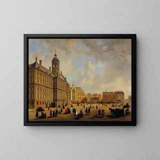 Bartholomeus Johannes van Hove - A bustling day in front of the City hall on the Dam Square the Nieuwe Kerk in the distance Amsterdam.webp