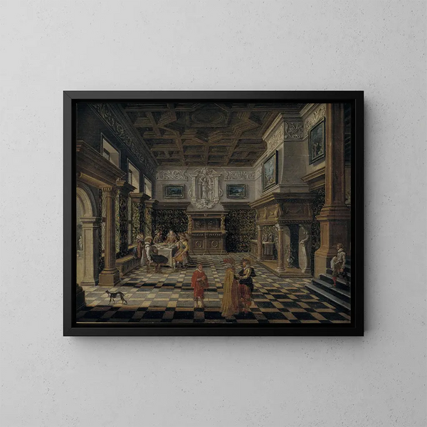 Interno rinascimentale sontuoso con un banchetto - Bartholomeus van Bassen — quadro incorniciato alla parete