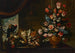 Un piatto in argento con pollame e un vaso in terracotta con vari fiori su un tavolo con un pappagallo e una tenda, un paesaggio oltre - Bartolomeo Ligozzi — vista dell’opera