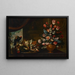 Un piatto in argento con pollame e un vaso in terracotta con vari fiori su un tavolo con un pappagallo e una tenda, un paesaggio oltre - Bartolomeo Ligozzi — quadro incorniciato alla parete