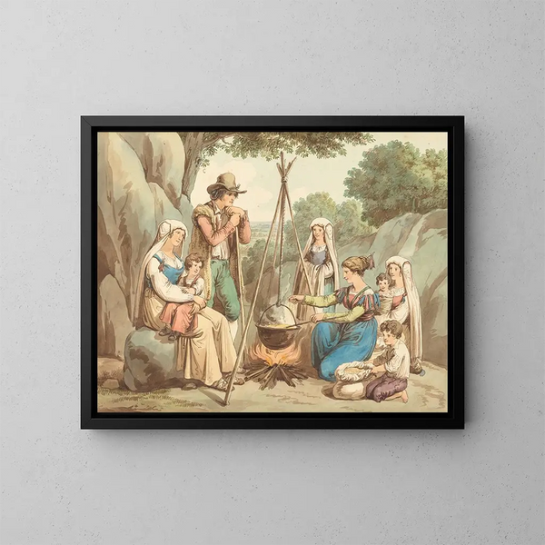 Una famiglia di contadini che cucinano sopra un falò - Bartolomeo Pinelli — quadro incorniciato alla parete