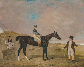 Benjamin Marshall - Bravura an irongrey filly with James Robinson up with her owner Sir Robert Keith Dick Bt her trainer mounted on a grey pony to the left on Newmarket Heath.webp