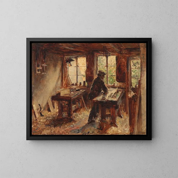 Nello studio del falegname - Bertha Wegmann — quadro incorniciato alla parete