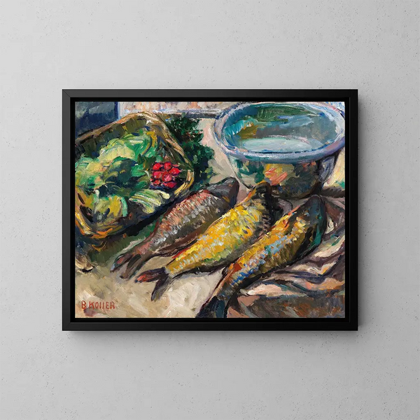 Natura morta con tre pesci - Broncia Koller-Pinell — quadro incorniciato alla parete