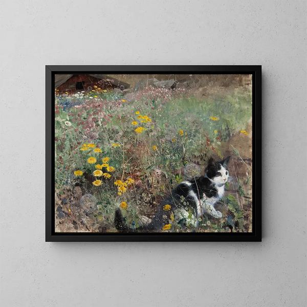 Chat in un prato fiorito - Bruno Liljefors — quadro incorniciato alla parete