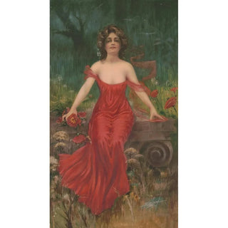 Bryson - Woman in red dress seated in garden.webp