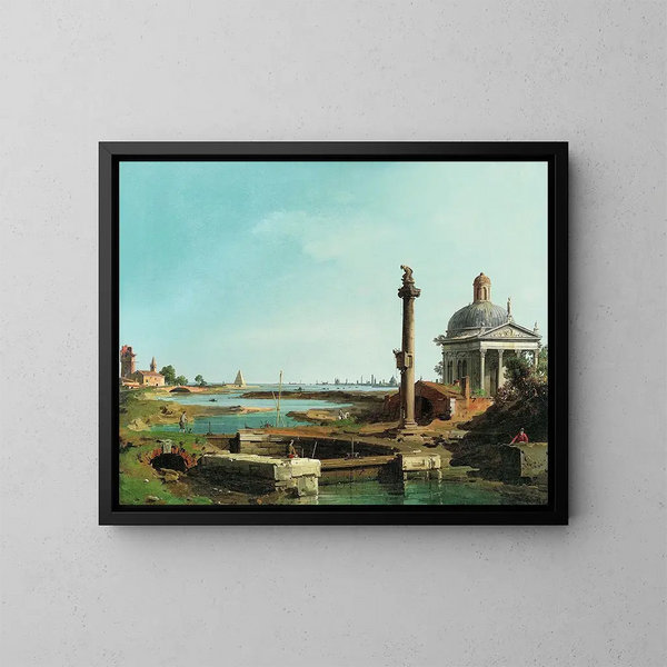 Un lucchetto, una colonna e una chiesa sul bordo di una laguna - Canaletto — quadro incorniciato alla parete