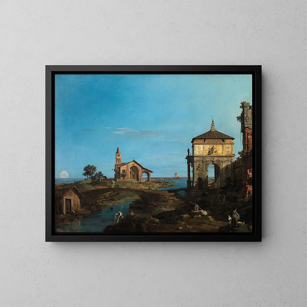 Un'isola nella laguna con una porta e una chiesa - Canaletto — quadro incorniciato alla parete